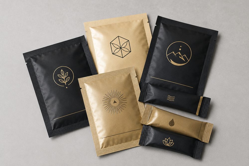 Flat custom-printed mylar bag with a heat-seal top and minimalist brand artwork for single-serve product