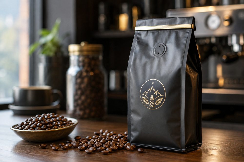 Side-gusseted custom foil bag with a flat bottom and block-bottom shape holding coffee beans