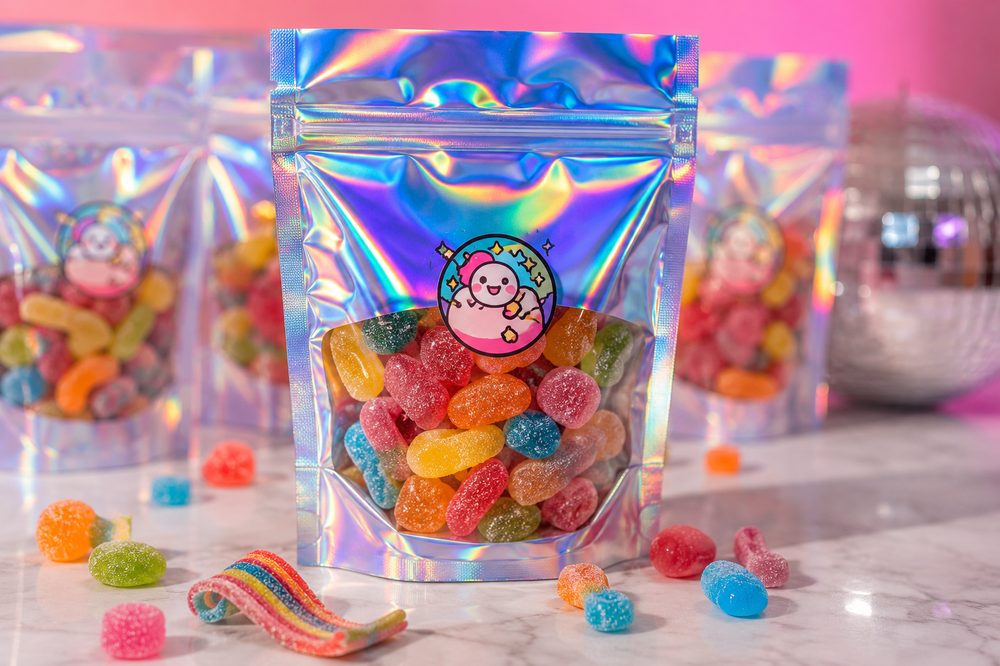 Holographic rainbow-foil custom mylar bag catching the light with a bold branded logo