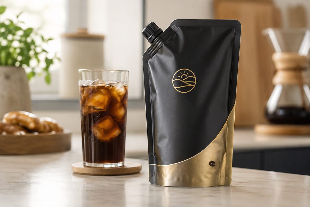Custom spouted stand-up pouch with a screw cap for a liquid product, fully branded