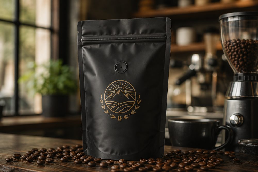 Custom-printed stand-up mylar pouch with a resealable zipper and full-color brand artwork on a retail shelf