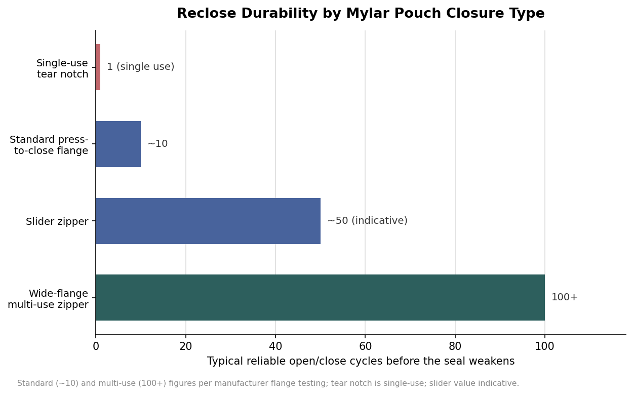 Horizontal bar chart of typical reliable reclose cycles by mylar pouch closure type: single-use tear notch at 1, standard press-to-close flange around 10, slider around 50 indicative, and wide-flange multi-use zipper at 100 plus
